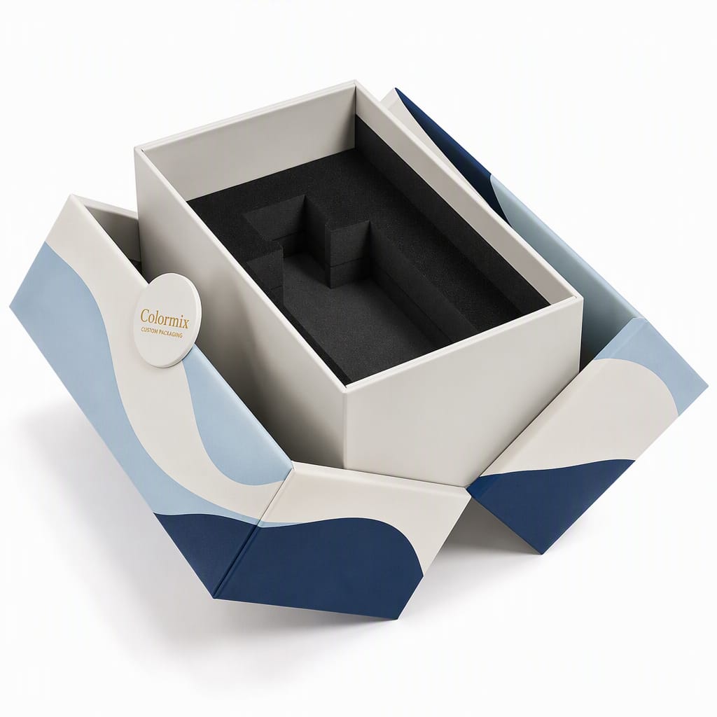 Open double door rigid box with fitted insert by Colormix Packaging